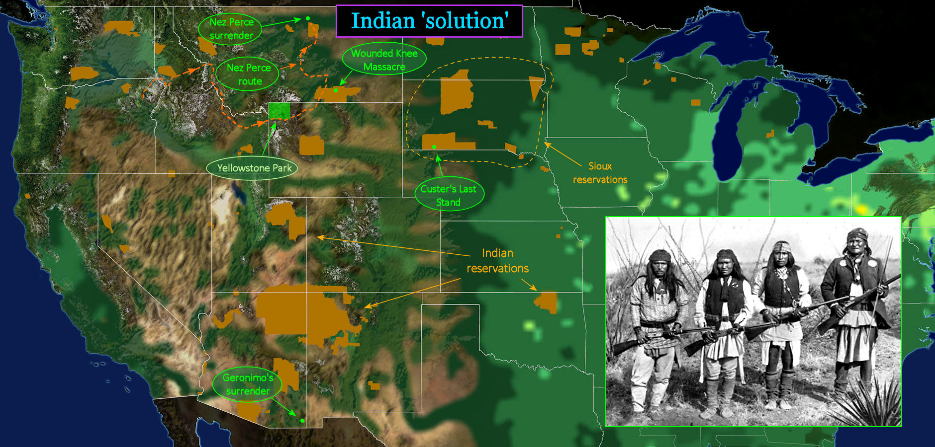 Custer, Chief Joseph Indian Wars, 1870s map